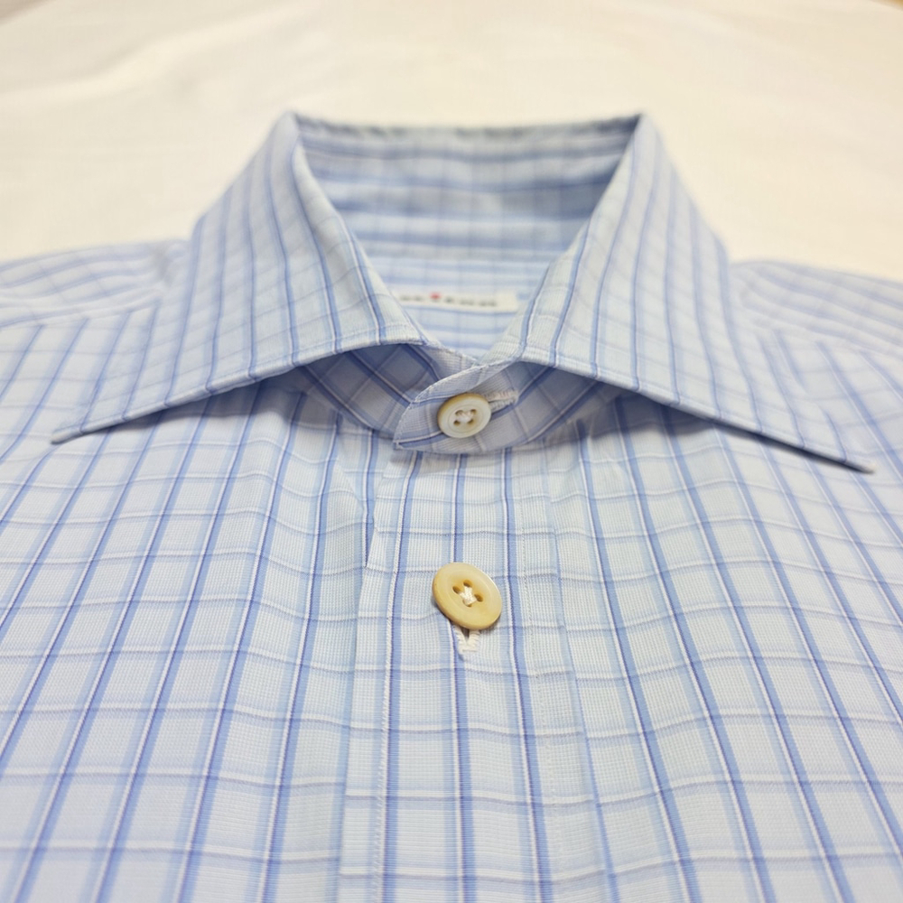Quiet Luxury Kiton Dress Shirt Men 16.5 / 42 Blue Check Cotton Italy Workwear - Picture 5 of 16
